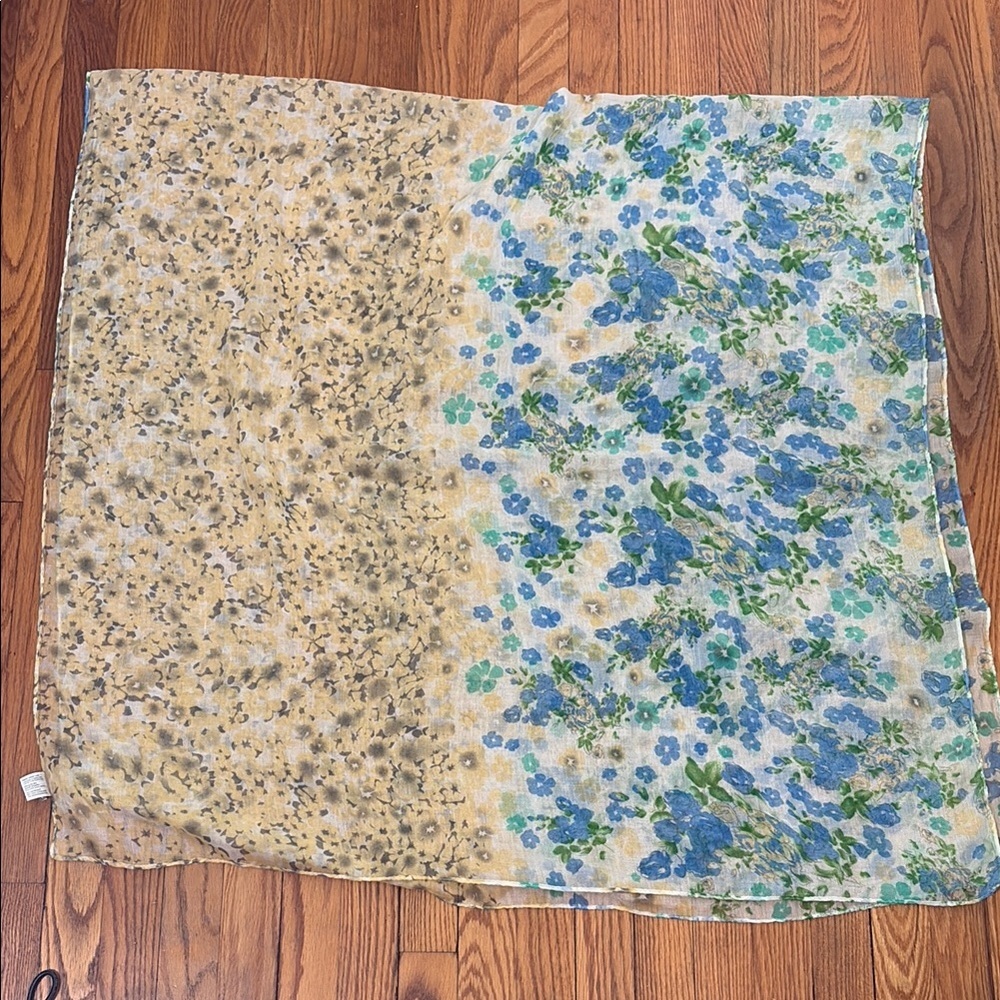 Joy Susan Floral Scarf Sheer Yellow Blue Green Two-Tone Botanical Gauze Wrap